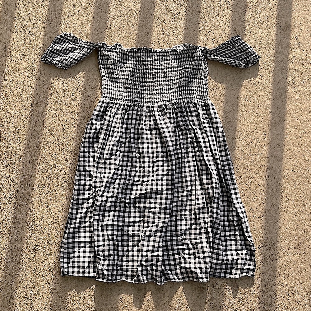 Off the shoulder black and white checkered dress